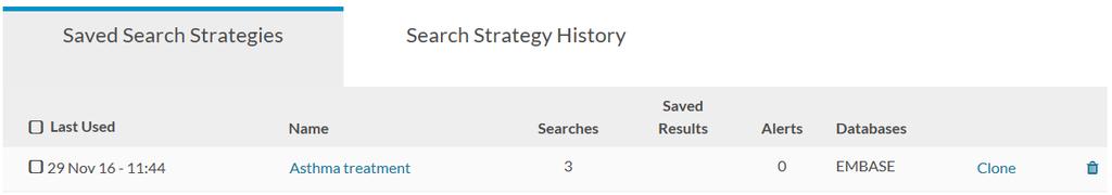 Saving Searches To save your search so that you can run it again at a later date, give the search a meaningful name in the box above the search history and click Save Strategy.