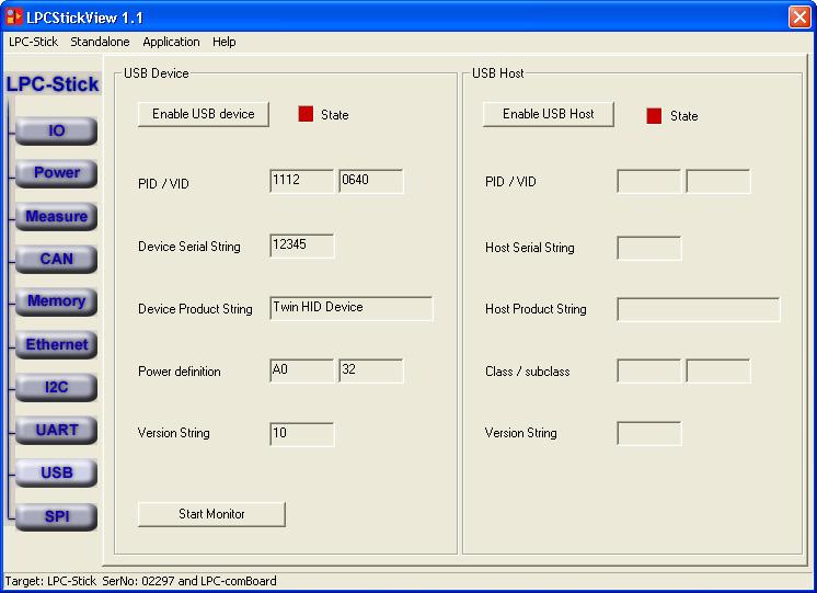 LPC-StickView User Interface 19 USB This window page is supported by all LPCxxxx-Sticks and enables the user to use USB device or USB host stack on the LPC24xx device.
