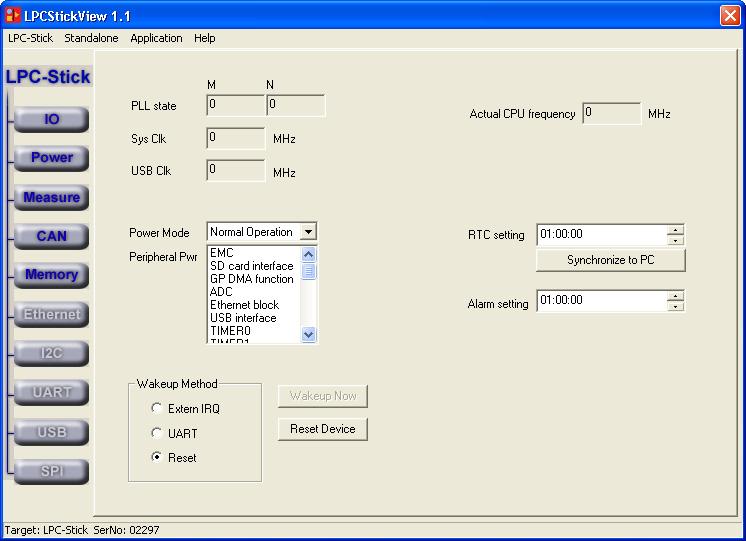 LPC-StickView User Interface 8 Power This window page is supported by the LPC2468- and LPC2478- Stick and shows the current PLL configuration and the clock speed of the CPU and USB module.