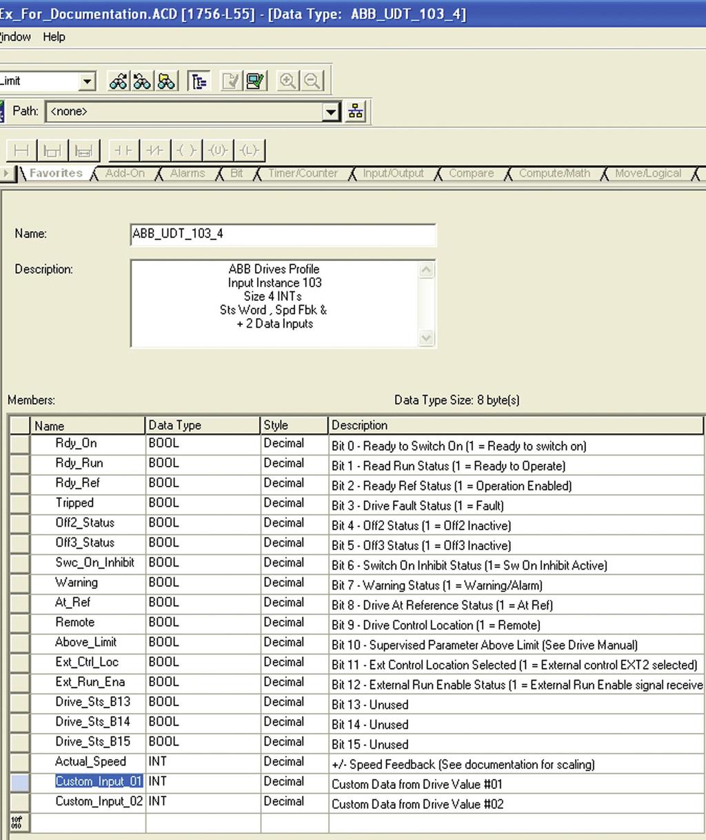 5. User Defined Data Type ABB_UDT_102_4 word 3 and word 4 are custom data outputs. Change the name of custom data out 1 and 2.