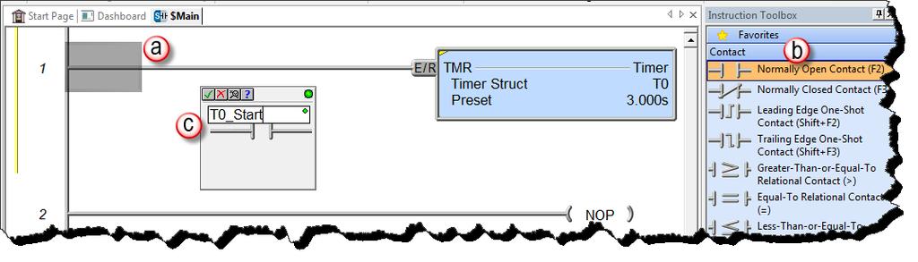 hapter : RX o-more! esigner Getting Started that structure. Selecting (e) the T0.one element, as seen above, will assign this element to the contact and the contact name will be T0.one. This feature works for all structures including: timers, counters, PI loops and strings.