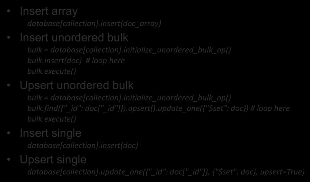 API Methods Insert array database[collection].insert(doc_array) Insert unordered bulk bulk = database[collection].initialize_unordered_bulk_op() bulk.insert(doc) # loop here bulk.