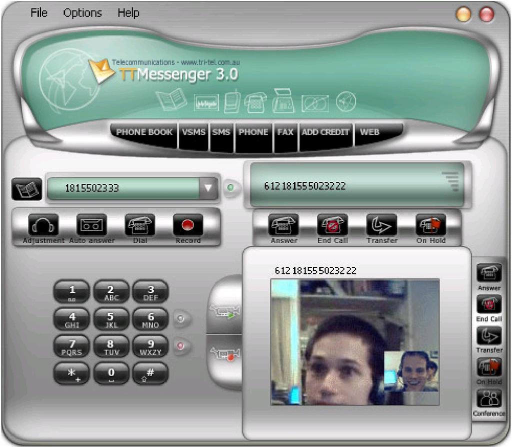 Making a video call If you have a webcam set up on your machine, video calling becomes available. To make a video call place a normal phone call to a TTMessenger contact, and click Record:.