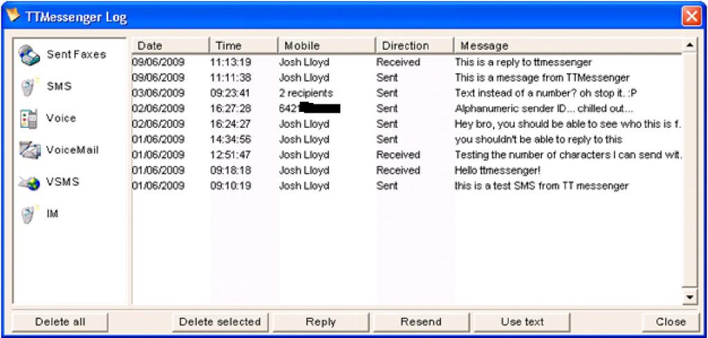 The SMS log contains both sent and received SMSes.