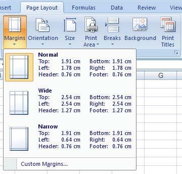 199 Excel 2007 : 7-2. Page Page Layout Sheet..(7-7 ) Margins Setup.
