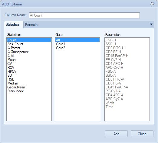 Data Analysis Statistical Tables Add columns and rows to the table and close the window. Rename the statistical table by selecting it from the Experiment Manager panel.