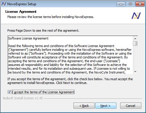 Installation Installing the NovoExpress Software 3 Please read the license agreement and