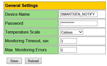 7.3. General settings General settings page is show in Fig. 7.6. SmartDEN Notifier User Manual Figure 7.6. General settings Device Name - the name of the module (max 15 symbols).