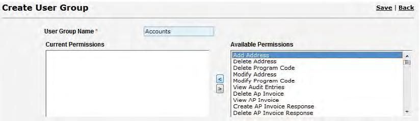 Accounts, Warehouse, Management, Reps, Owners. 4 The Available Permissions list appears on the right.