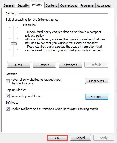 8. Click OK to the main Internet Options window. 9. Close and reopen Internet Explorer for the changes to take effect.