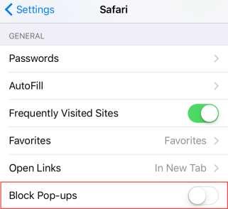 4. Turn the Block Pop-ups option off, so that the selection bubble shows white. Please Note: With this setting turned off, you will now receive a prompt on your device regarding any pop-up.