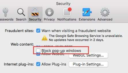4. In the Web Content section, uncheck the box next to the option called Block pop-up windows. 5. Close and reopen Safari for the changes to take effect.