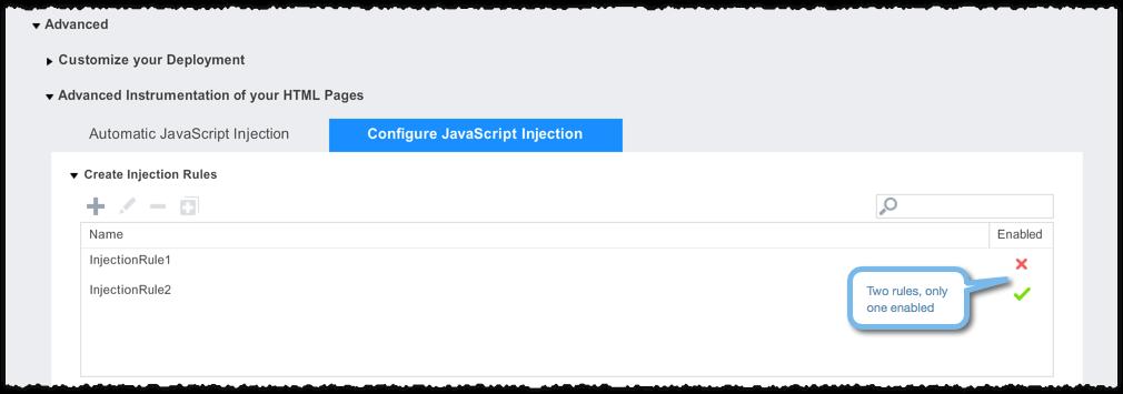 Click Configuration-> Web JavaScript Instrumentation->Advanced->Advanced Instrumentation of your HTML Pages->Configure JavaScript Injection to see the list of rules and their enabled status.
