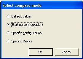 Select Compare Mode The following dialog box allows comparing the current configuration to one of the following: Default values Compares the current configuration values to their default.