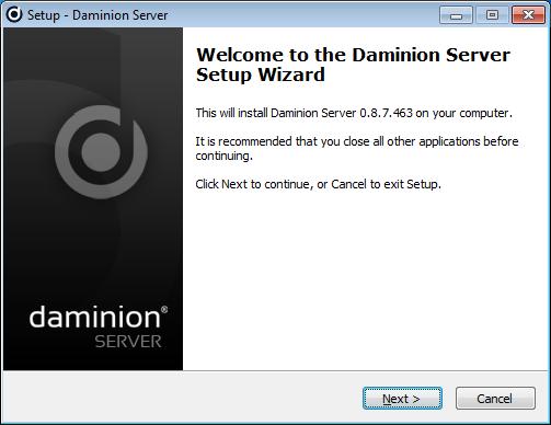 Unpack the downloaded zip file into a temporary folder on your server computer and launch the DaminionServerSetup.