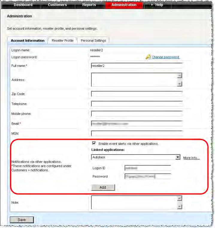 Preparing the Service Infrastructure Integrating Autotask with WFRM Autotask Settings in WFRM To add Autotask authentication to the WFRM console: 1. Click the Administration > Account Information tab.