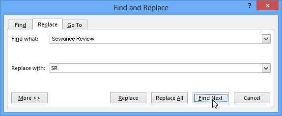 2. Document Creation 2.2 Select and Edit 2.2.5 Use a simple replace command for a specific word, phrase.