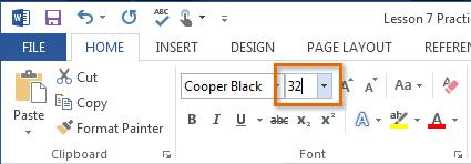 Font size box: When the font size you need is not available in the Font size drop-down arrow, you can click the Font size box and type the desired font size,
