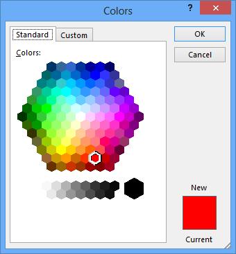 Your colour choices aren't limited to the drop-down menu that appears. Select More Colours... at the bottom of the menu to access the Colours dialog box.
