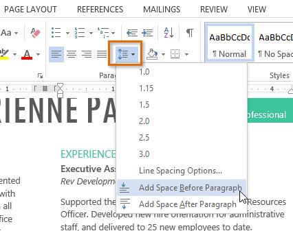 Paragraph spacing By default, when you press the Enter key Word 2013 moves the insertion point down a little farther than one line on the page. This automatically creates space between paragraphs.