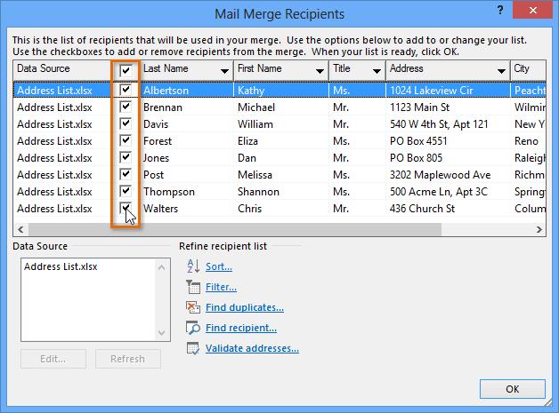 d) In the Mail Merge Recipients dialog box, you can check or uncheck each box to control which recipients are included in the merge. By default, all recipients should be selected.