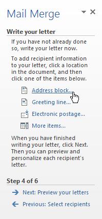 a) Choose one of the four placeholder options: Address block,