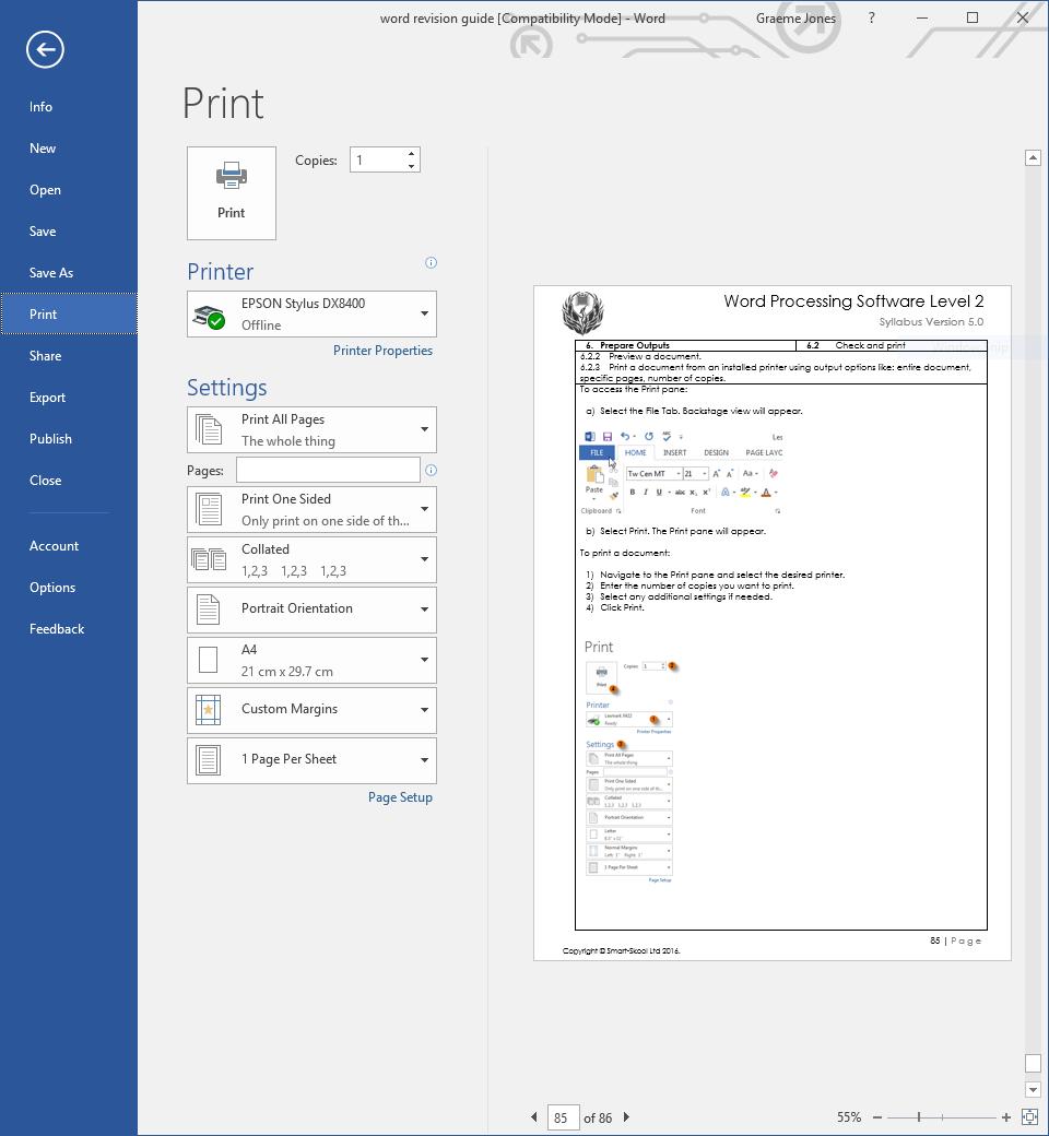 6. Prepare Outputs 6.2 Check and print 6.2.2 Preview a document. 6.2.3 Print a document from an installed printer using output options like: entire document, specific pages, number of copies.