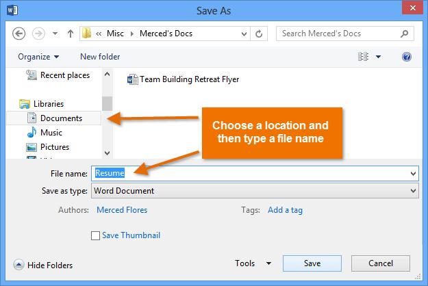d) The Save As dialog box will appear. Select the location where you want to save the document.