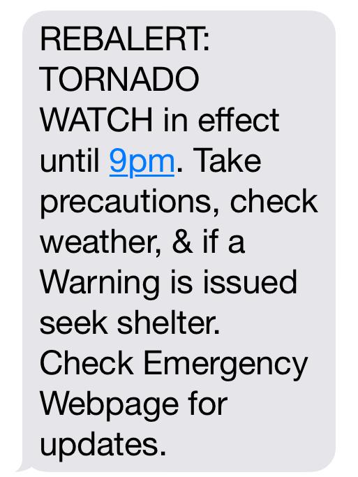 REBALERT Text messaging system for alerting the Ole Miss community Weather Emergencies University