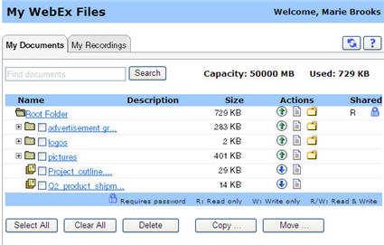 Chapter 20: Using My WebEx The My WebEx Files page appears, showing your personal folders and files.