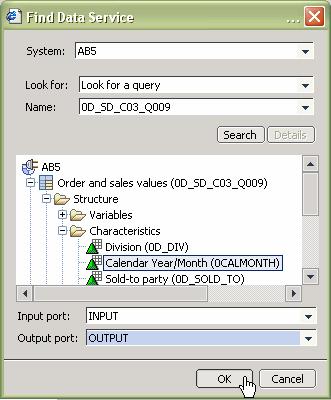 In the Find Data Service dialog box, select the appropriate system and query, and navigate to select