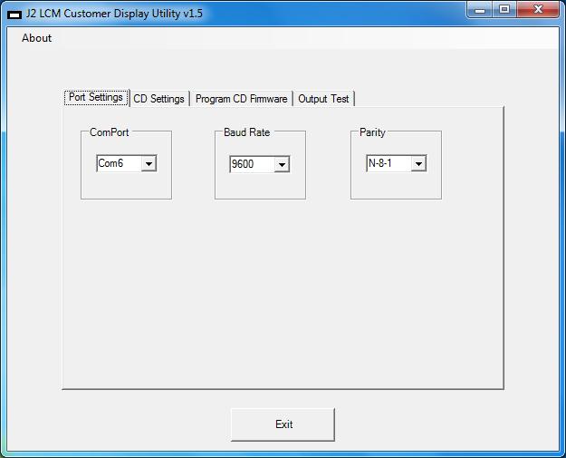 Customer Display Configureation Port Settings The customer display default setting are USA character set, EPSON emulation mode, and the serial port programmed to a baud rate of 9600 and 8 bits data,