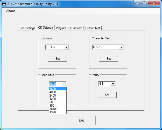 Baud Rate The serial port s baud rate for the customer display can be changed using the Baud Rate dialog box. Select the desired baud rate from the drop down menu shown below.