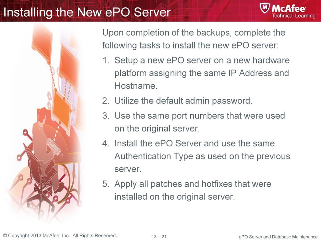 You must reinstall epo to the exact same directory path as the previous installation or the initialization of extensions will fail when the restore is complete. The server.