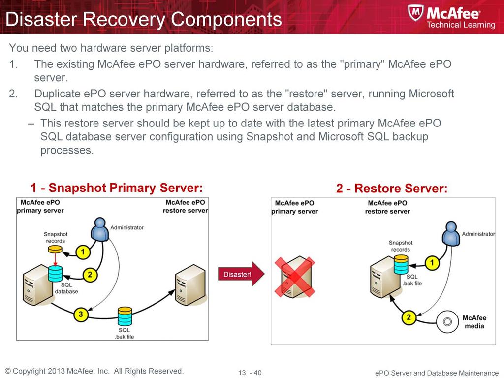 Using Disaster Recovery to restore the epolicy Orchestrator software requires certain hardware, software, access privileges, and information.