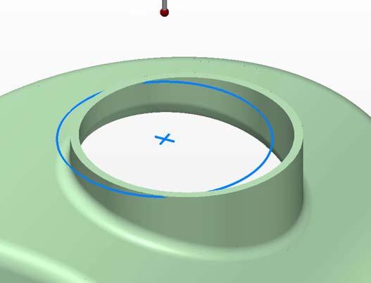 until the probe enters the hole (in the example to the right, the blue circle represents the CAD model hole as compared to the actual hole on the part).