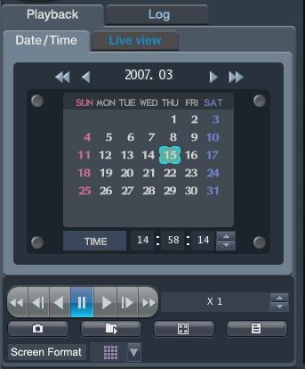 (B) Select the Playback or Log (C) Select the Date and Time for search (D) The window for search in detail. (E) It shows different color each recording configuration (F) It shows the recorded data.