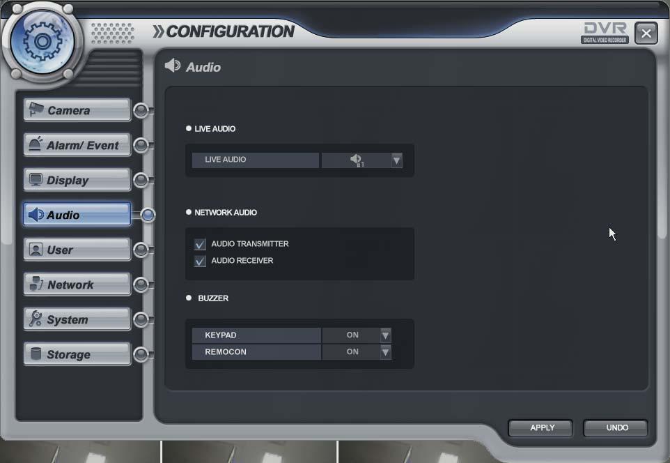 CONFIGURATION - SYSTEM Audio Setup the audio configuration. - Live Audio: Select the Live audio channel.