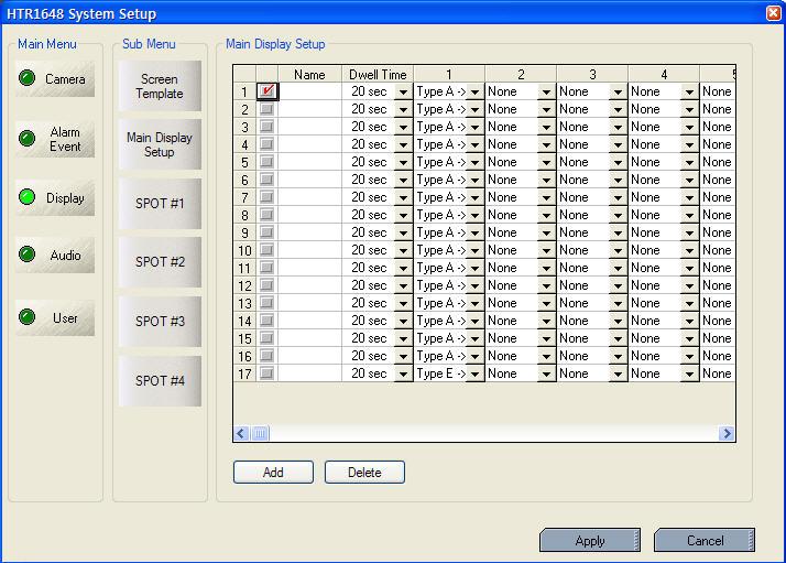 REMOTE SW DVR SYSTEM SETUP - Main Display Setup - Press the ADD button or select the current list. - Select the name and dwell time. - Select the new list.