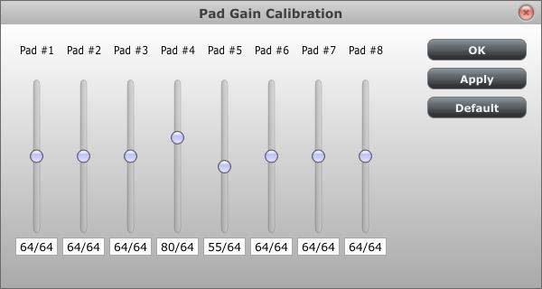 Here you can alter the pad velocity gain. Each of the 8 hardware pads has a dedicated setting.
