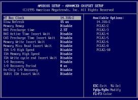 Advanced Chipset setup By choosing the ADVANCED CHIPSET SETUP option from the INITIAL SETUP SCREEN menu, the screen below is displayed.