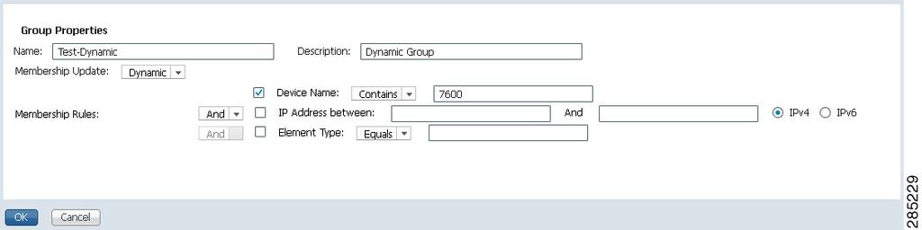Managing User-Defined Device Groups Chapter 5 Figure 5-2 Creating a Dynamic Device Group You can set up membership rules with parameters such as device name, range of device IP addresses, and the