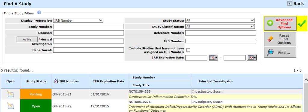 Once you find the study you are looking for, you can click the icon in the Open column to open the study record.