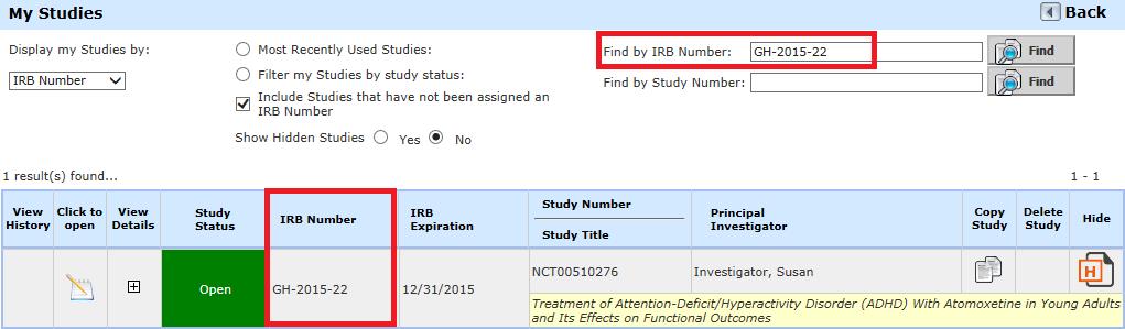 You can also look up a particular study by the IRB Number (or if you have selected another number from the drop down list, the search would update to allow you to search by that number, IACUC, IBC,