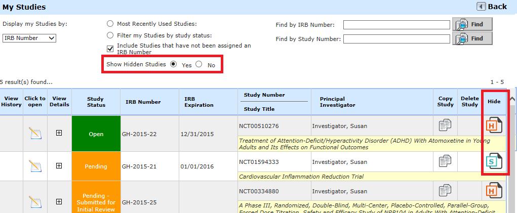 When you locate the study you need to access, click the icon in the Click to open column.