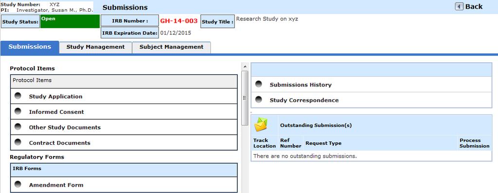 A study that is not in Draft status will direct you to the Submissions tab of the study, as shown in the screenshot below.