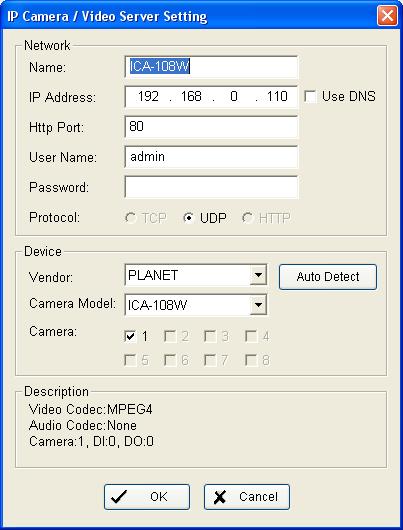 The IP Camera / Video Server Setting dialog box will display.