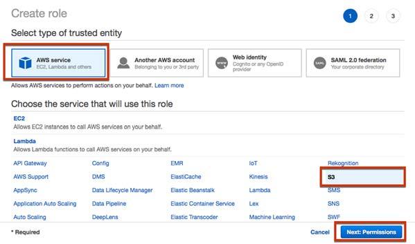 2. Select AWS Service, the S3 service, and