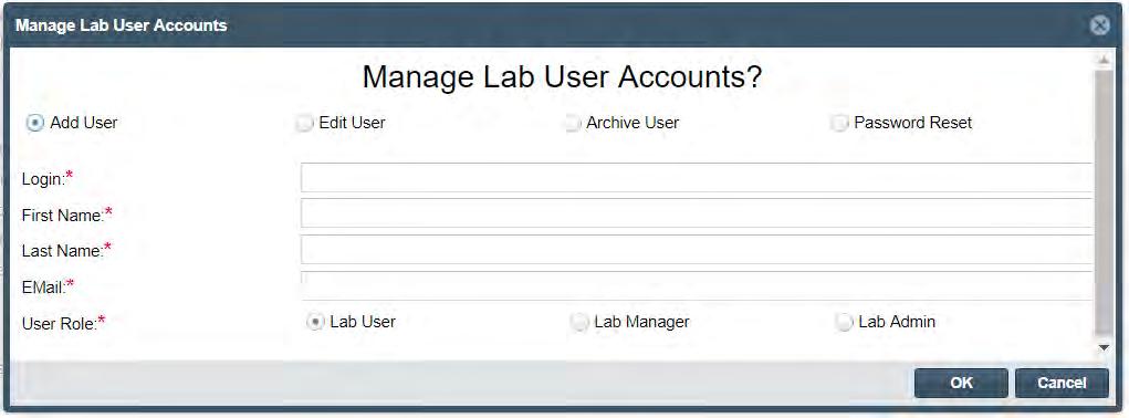 When adding a new user, the laboratory administrator is able to select the User Role for the new account, which will set the access level for the created user.