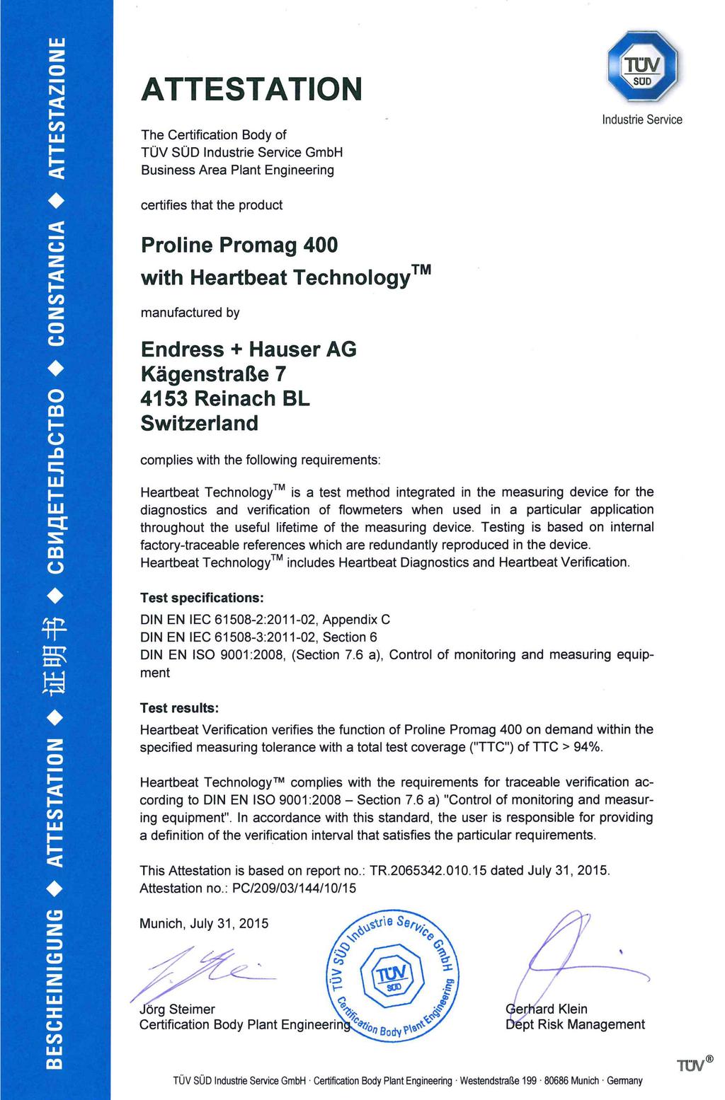 Certification Proline Promag 400